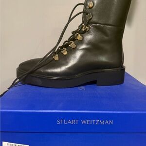 Stuart Weitzman Black Leather Lace-Up Platform Boot with Gold Hardware